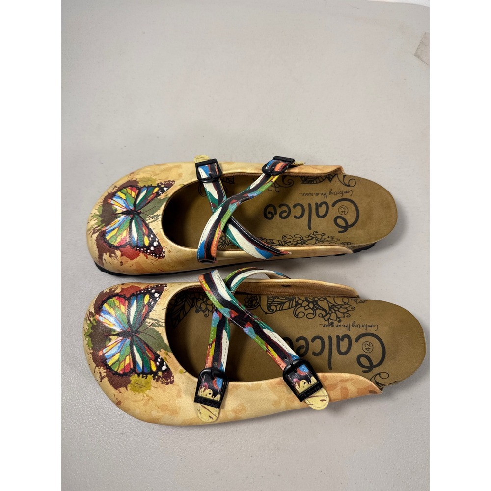 Calceo Womens Butterfly Print Clogs Multi Color Buckle Strap Mules Size 42